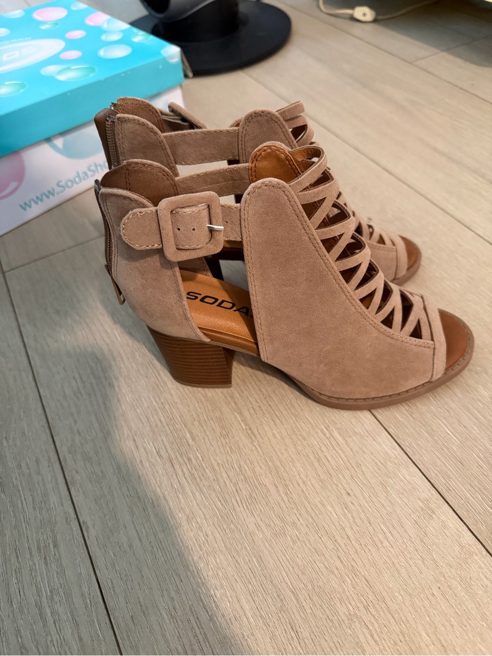 Soda Taupe Strappy Suede Block Heel Sandals
